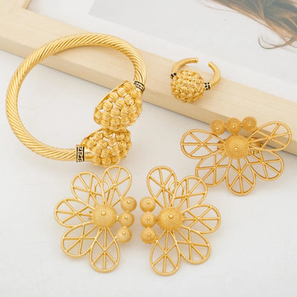 Cuff Bangle with Ring Jewelry Set for African 18k Gold Plated Beads Design Bangle and Finger Ring Set for Dubai Engagement Gifts