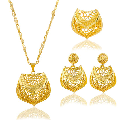 Fashion Dubai Jewelry Sets Gold Color Pendant Earrings Necklace Rings For Women Daily Wear Party Anniversary Gifts