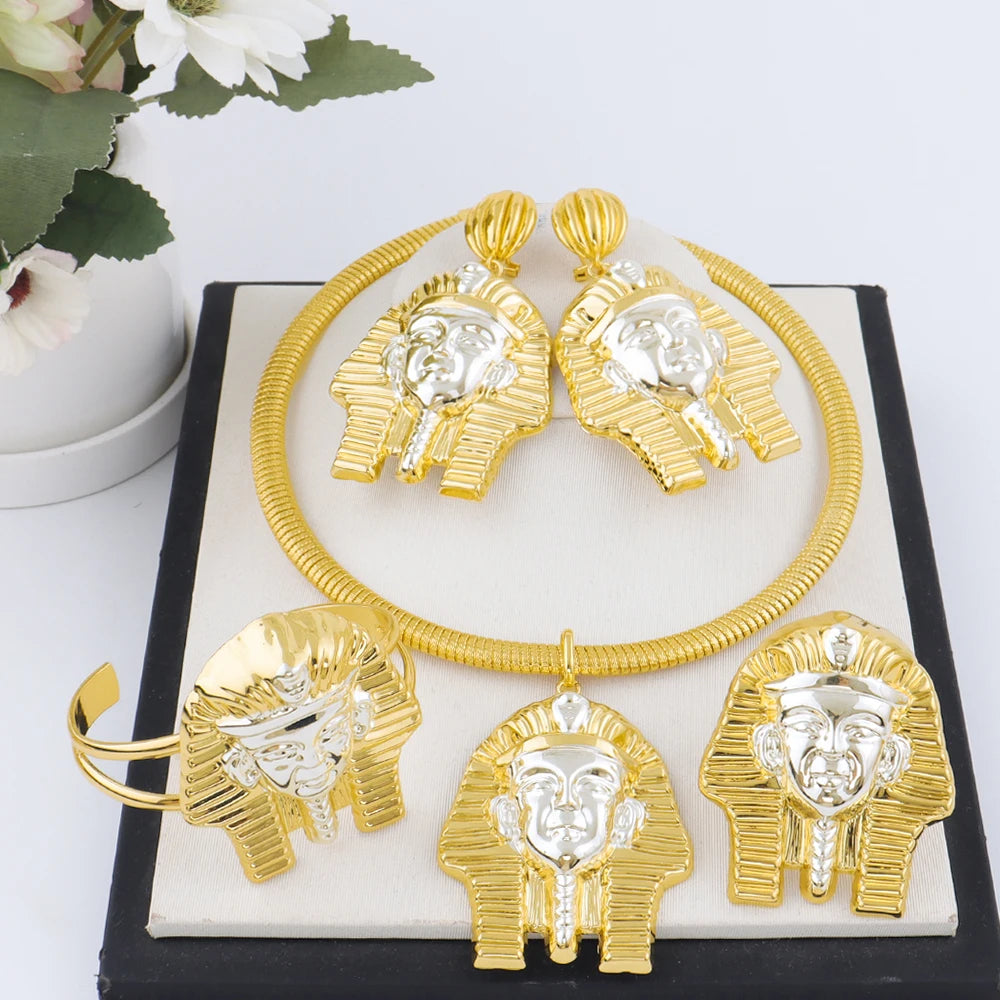 24K gold plated bracelet Ring Earrings Necklace set Dubai African Copper Alloy Hip Hop Fashion Jewelry Set Party Gift Daily Wear