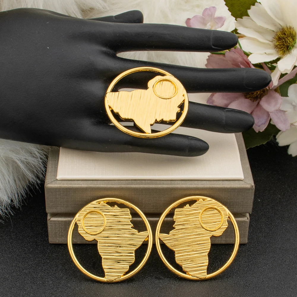 African Map Design Jewelry Set Ladies Luxury Gold Color Earrings and Finger Ring 2Pcs Set Jewellery Ear Rings Accessories Gifts