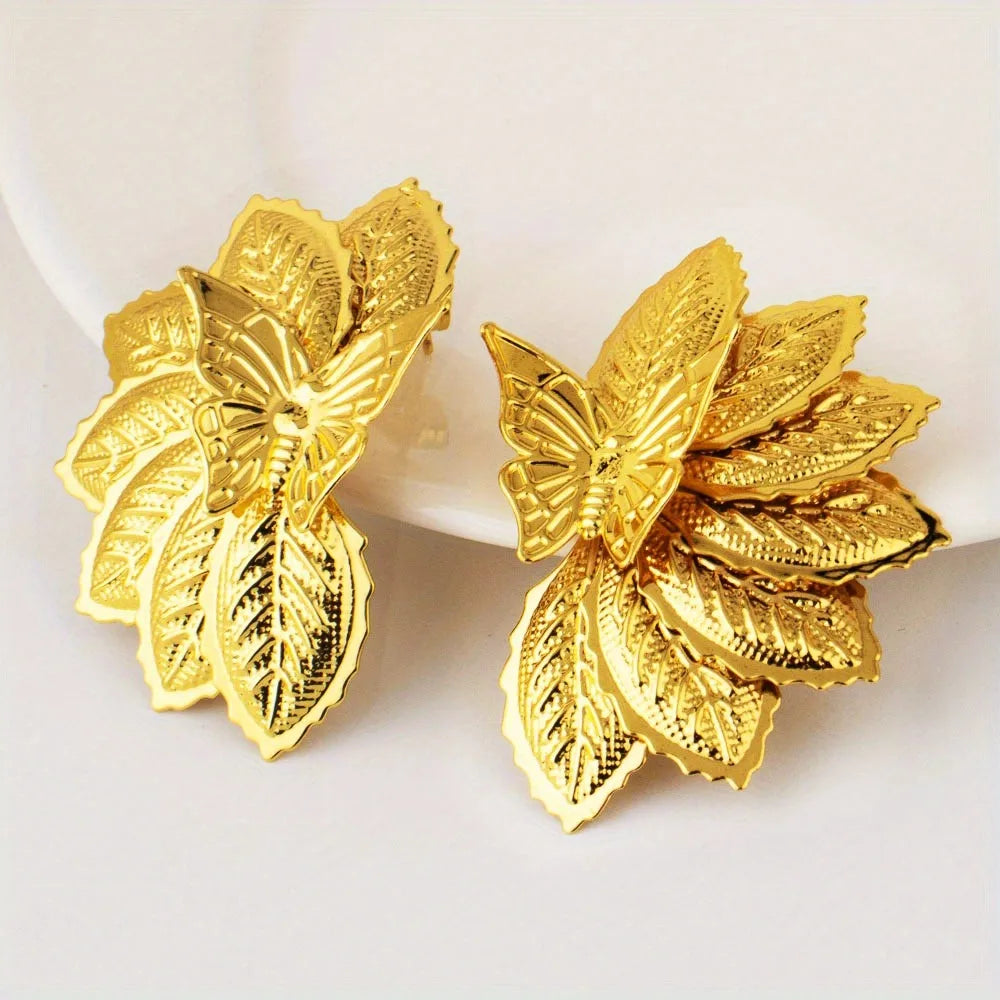 African Retro Ladies Earrings Punk Exaggerated Gold Earrings Leaves Flowers Jewelry Party Christmas Date Gift