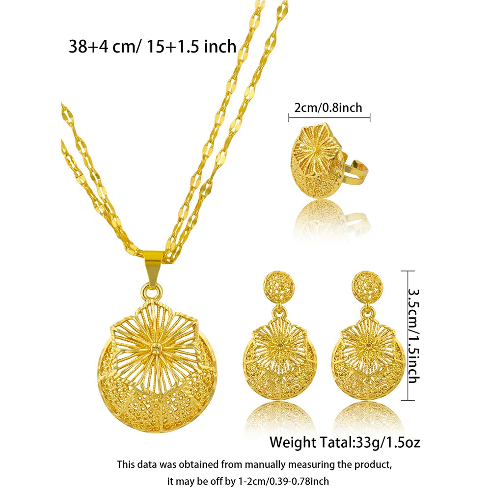Fashion Gold Color Jewelry for Women Necklace Earrings Rings Set For Women Daily Wear Party Anniversary Gifts