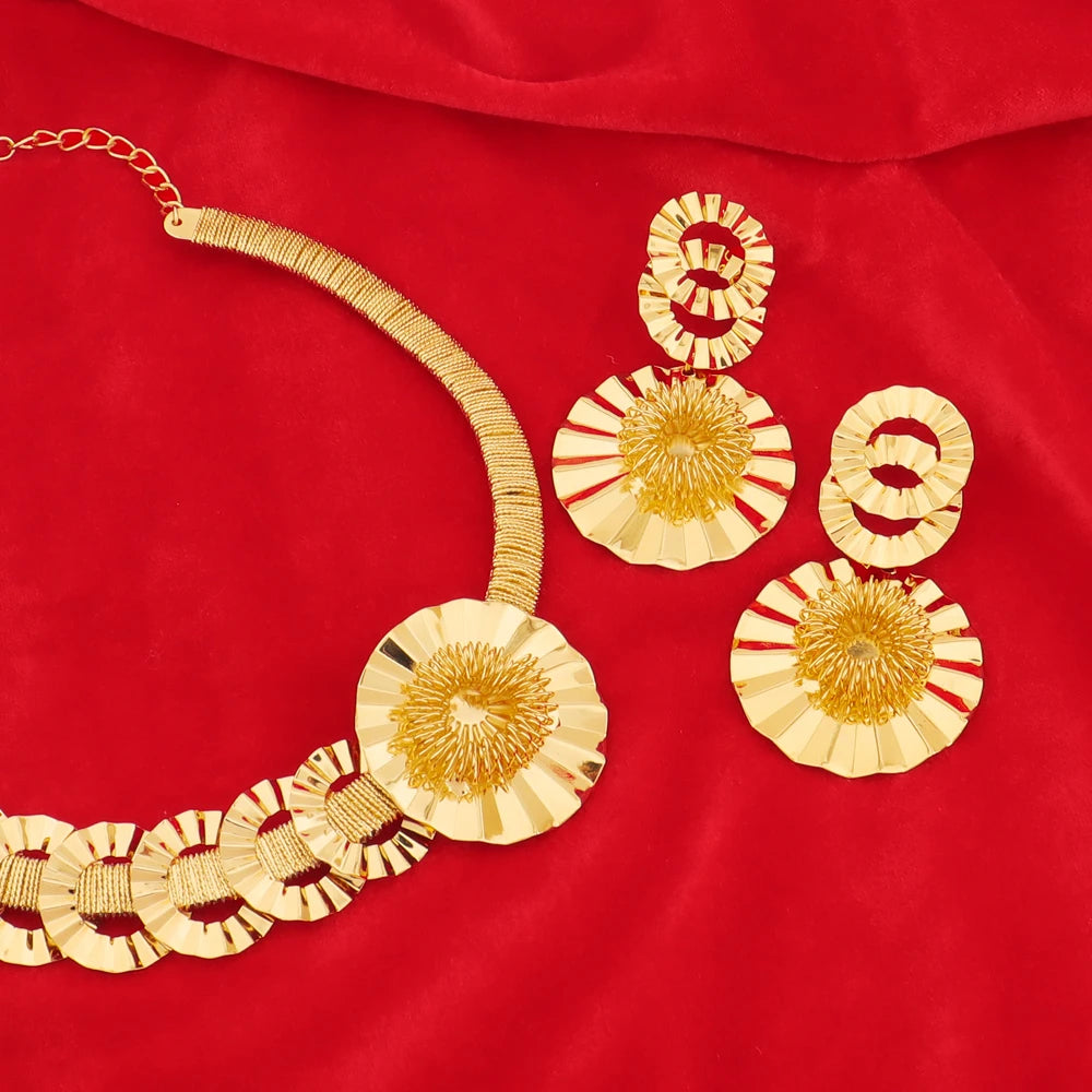 Dubai Gold Plated Big Flower Necklace Earrings Bracelet Ring Jewelry Set for Women Noble Shine Desgin Gift for Party Wedding