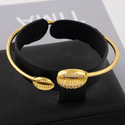 Gold Color Cuff Bangle Set for Nigeria Women Zircon Charm Bangle Shell Shape Hand Bracelet Jewelry Set Accessories wholesale