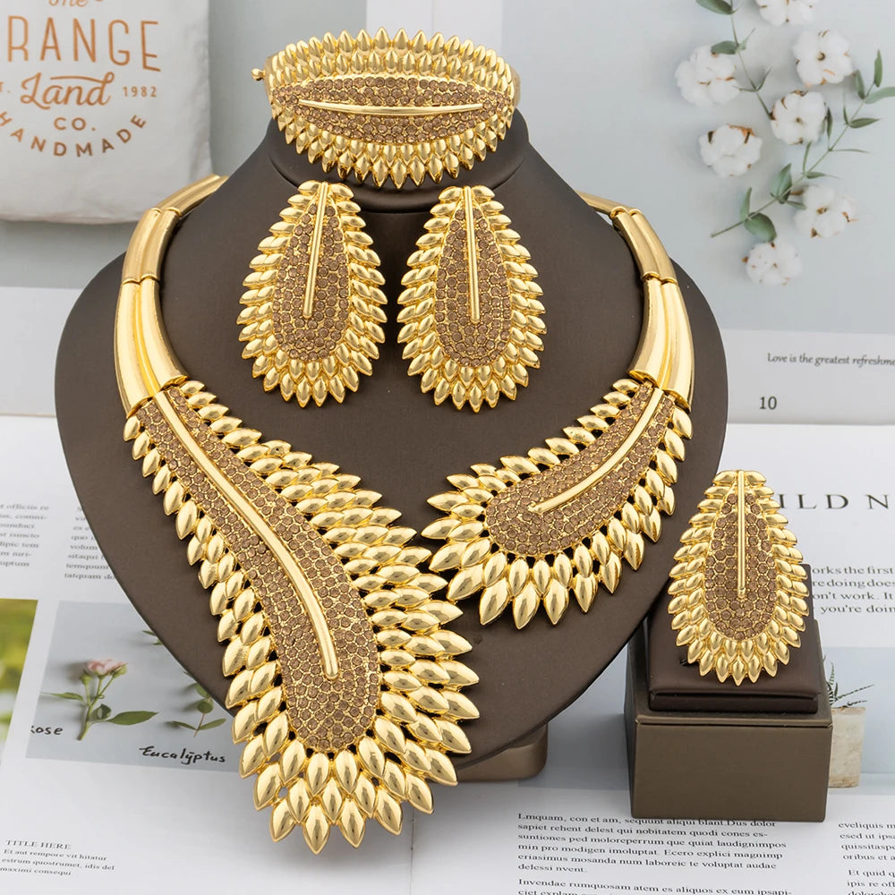 Italian Plated Jewelry Set for Women - Large Color Lady Necklace Earrings Bracelet Ring - High Quality Wedding Jewelry