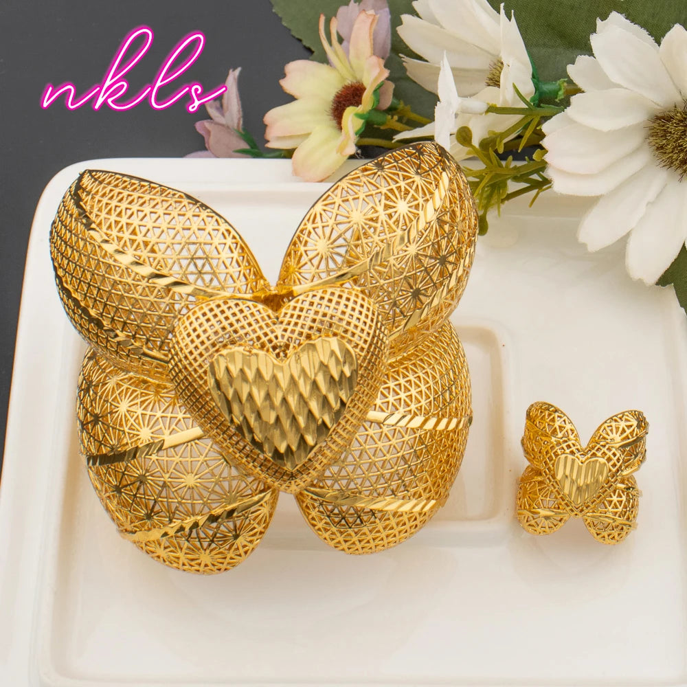 Big Cuff Bangles for Women African Luxury Flower Bracelet with Ring 2Pcs Jewelry Set Dubai Fashion Bridal Wedding Jewellery
