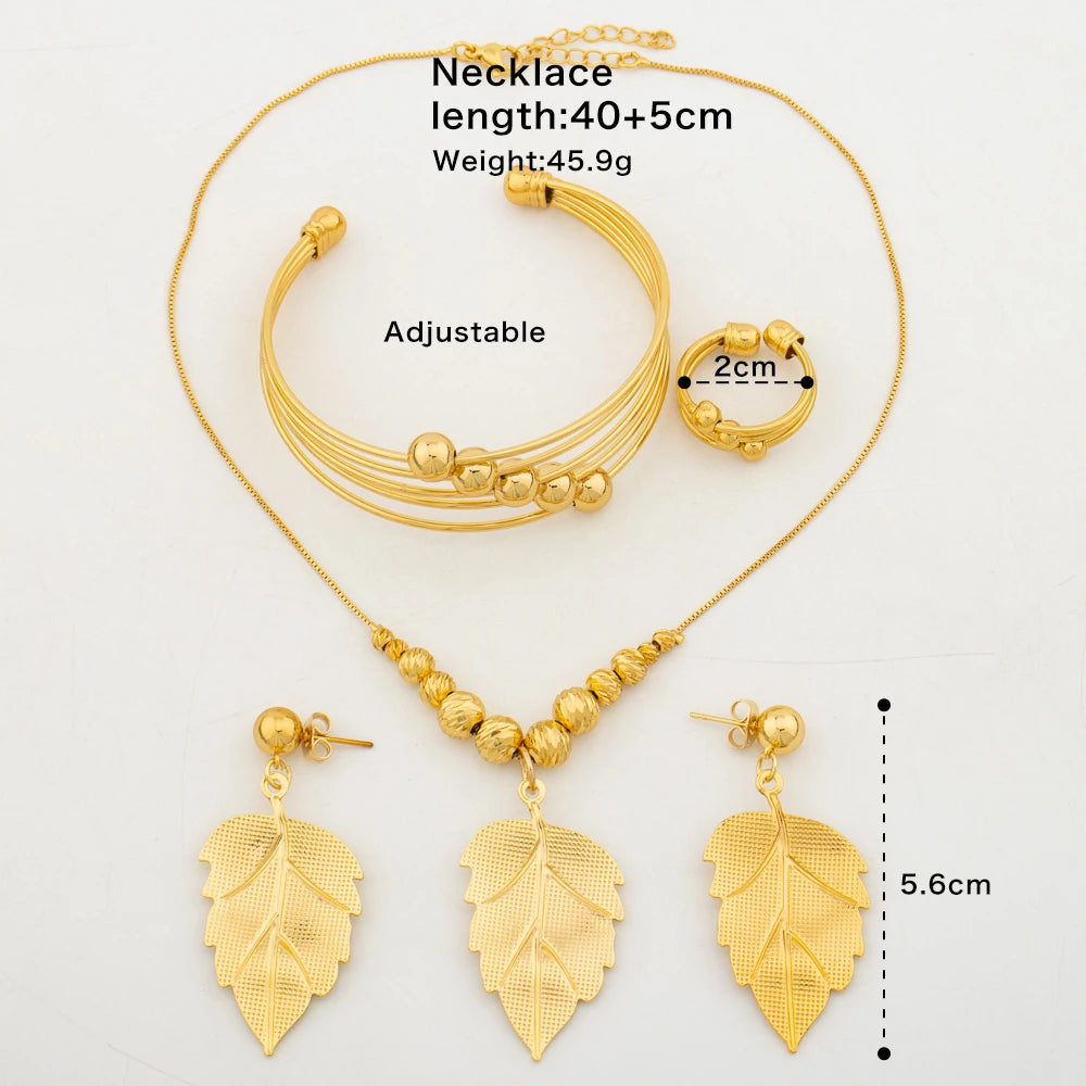 Nigerian Gold Color Jewelry Set for Ladies Leaf Design Pendant Necklace and Drop Earrings Elegant Cuff Bangle Ring Set Jewelry