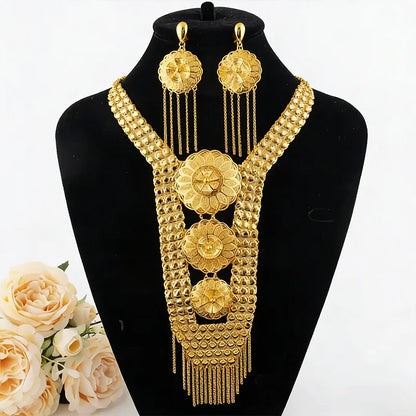 New Indian Gold color Long Necklace Set Nigerian Party Bride Wedding Luxury Dubai Earrings Jewelry Women's Valentine's Day Gift