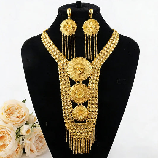 New Indian Gold color Long Necklace Set Nigerian Party Bride Wedding Luxury Dubai Earrings Jewelry Women's Valentine's Day Gift