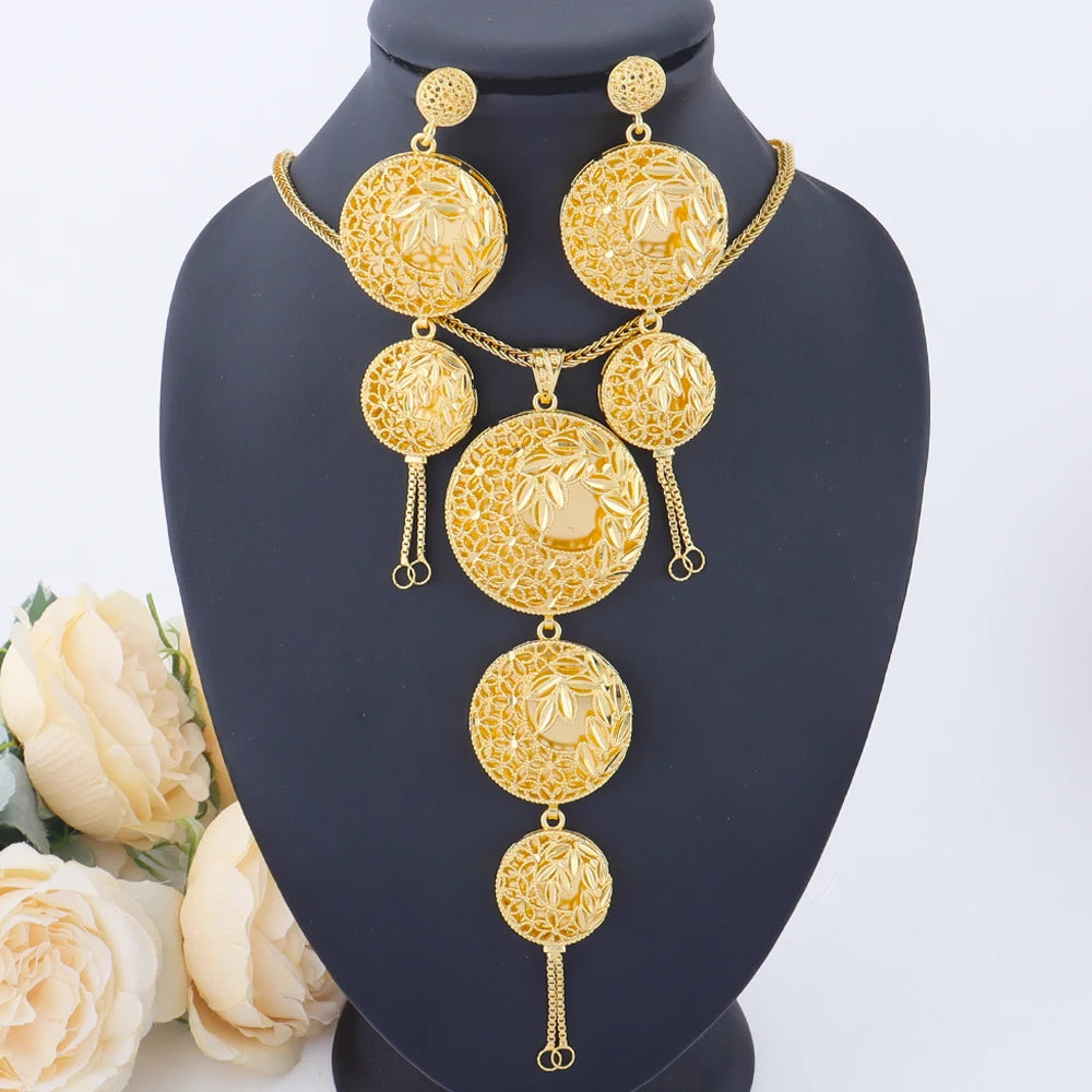 Luxury Dubai Jewelry Earrings Necklace Jewelry Sets For Women India Gold Color Hollow Design Wedding Accessory Bridal Party Gift