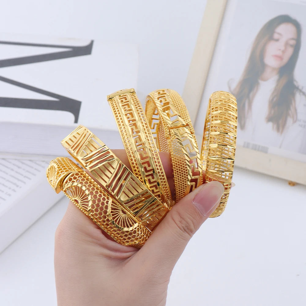 Plated Dubai Turkish Italian Hollow Bangles for Women, Middle East Bridal Wedding Jewelry Set, Elegant Jewellery Woman