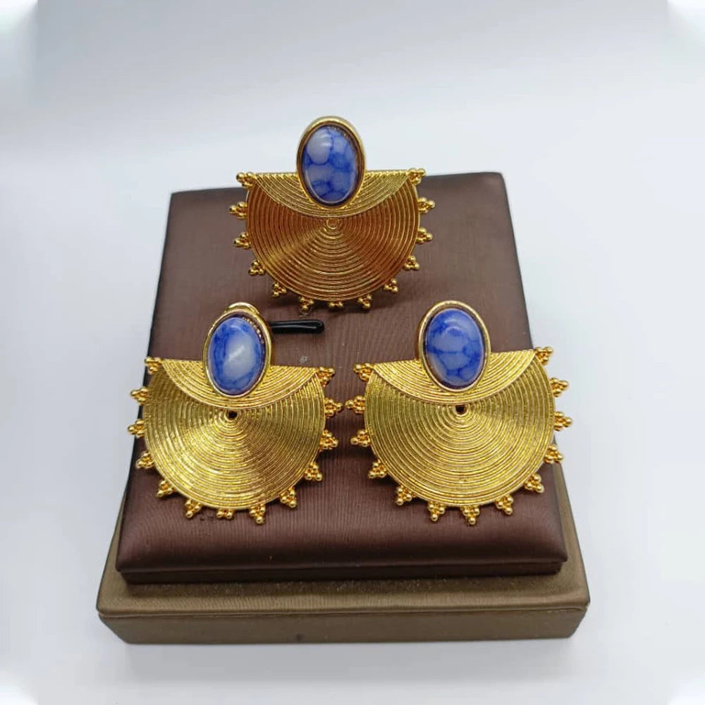 gold dubai jewelry set Gold Color Earrings Ring Set for Women Indian Luxury Earrings Ring Turkish Wedding Bride Design Jewelry
