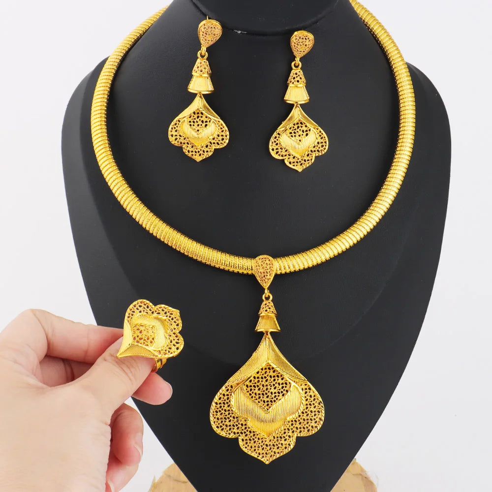 2026 Nigeria Classic Fashion Women Jewelry Sets Mystical Dubai Female Earrings Ring Flower Necklace For Party Wedding Easter Gif