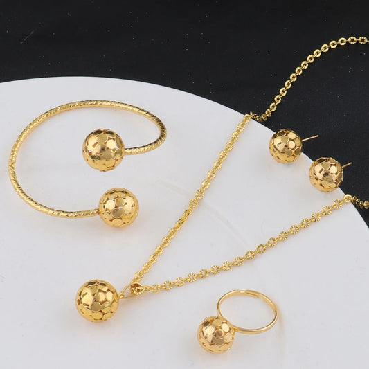 Fashion Gold Color Hollow circle Jewelry New Fashion Metal Jewelry Three-dimensional Ring Earring Necklace Four Piece Set Gift