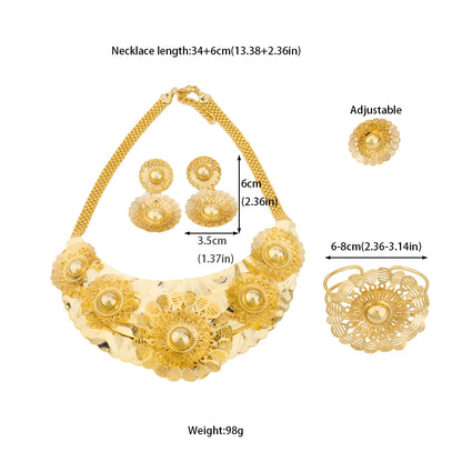 Tone African Floral Beaded Jewelry Set for Women – Flower Pendant Necklace, Ring & Bangle, Trendy Gift Earrings A