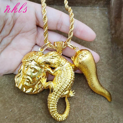 Plated African Dubai Men Head Pendant Necklace 60cm Chain Hip Hop Jewelry Gift