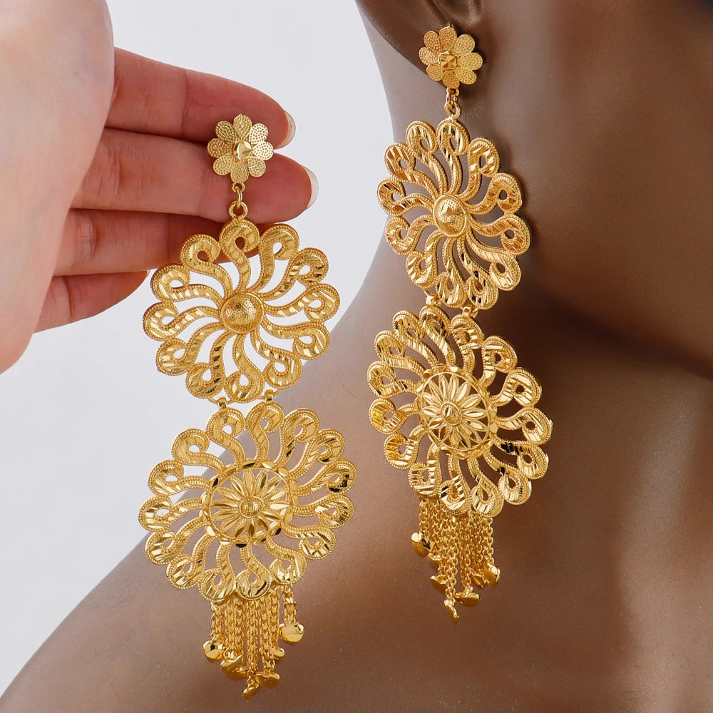 18k gold-plated large earrings Dubai luxury earrings for women with tassel hollow pendant banquet wedding Indian trendy jewelry