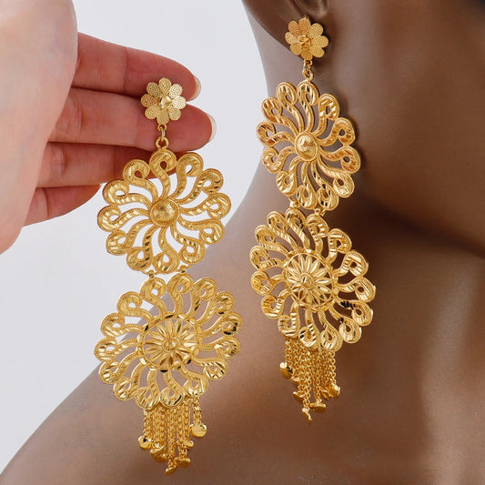 18k gold-plated large earrings Dubai luxury earrings for women with tassel hollow pendant banquet wedding Indian trendy jewelry
