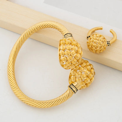 Cuff Bangle with Ring Jewelry Set for African 18k Gold Plated Beads Design Bangle and Finger Ring Set for Dubai Engagement Gifts