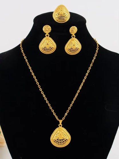 Mid East plated 3pcs Jewelry Set For Women India Dubai Jewelry Geometry Earrings Necklace Ring Set Apply for Party Wedding