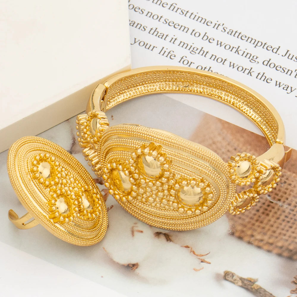 Brazilian Gold Plated Bangle with Ring Jewelry for Ladies Exquisite Flower Design Hand Bracelet Finger Ring 2Pcs Set for Party
