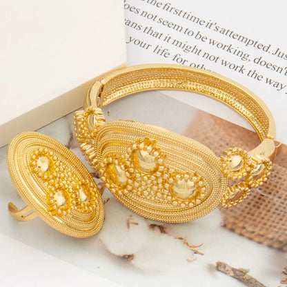 Brazilian Gold Plated Bangle with Ring Jewelry for Ladies Exquisite Flower Design Hand Bracelet Finger Ring 2Pcs Set for Party