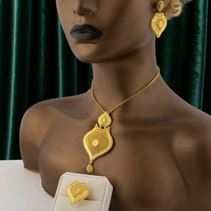 Nigerian Jewelery Set Dubai 24K Gold Color Necklace Earrings Ring Jewlery  Bridal Banquet Wedding Jewelry Set Accessories