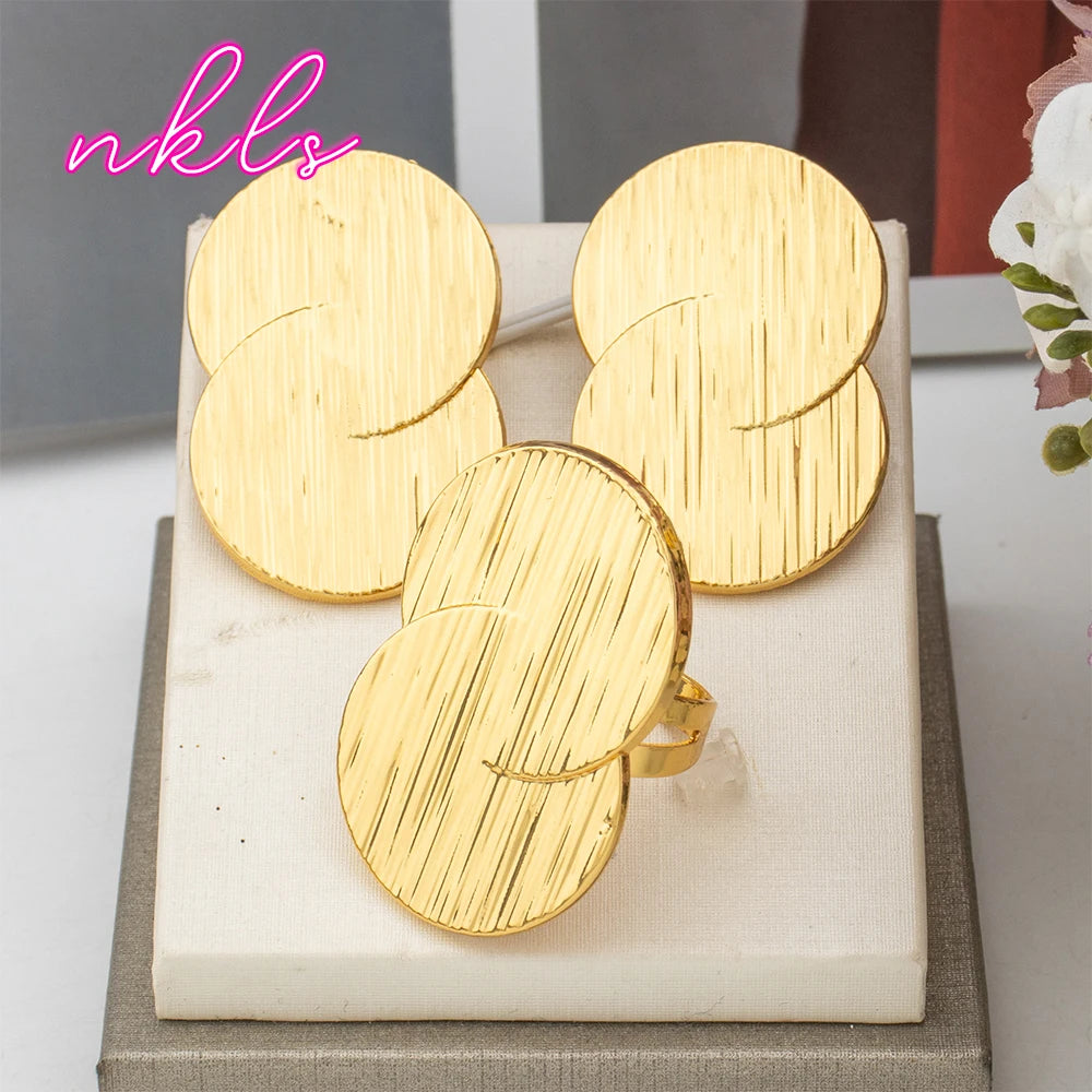 Dubai Copper Jewelry Set for Women Brazilian Gold Color Clip Earrings and Ring Set Weddings Party Accessories Jewellery Gifts