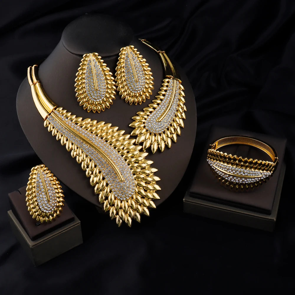 Luxury Africa Dubai Full Zircon Bridal Jewelry Set Necklace Earrings Ring Bracelet for Women Wedding Party Gift Jewellery Woman