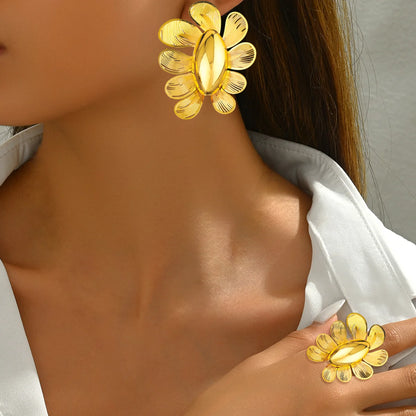 New Fashion Style Gold Plated Earrings Ring Set for Women Girls Dubai Luxury Exaggerated Design Jewelry Gift for Party Easter