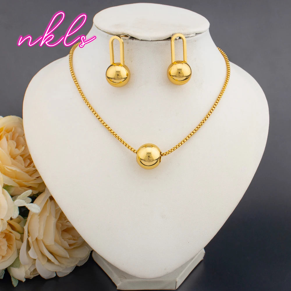 Plated Bead Pendant Necklace & Clip Earring Set for Women, Chic Daily Jewelry Sets, Trendy Banquet Accessories, Elegant
