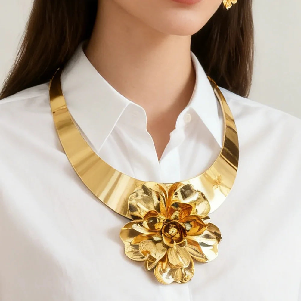 gold jewelry sets Flower Shape Women Luxury Gold Color Bangle Ring necklace and earrings set For Wedding Accessories Party