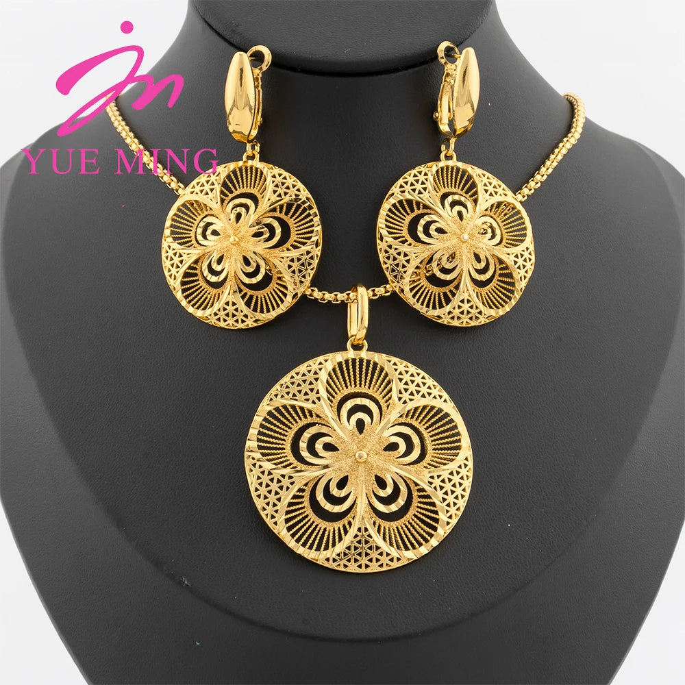 YM Jewelry 2024 Fashion Gold Plated Necklace Earrings Accessory Flower Pattern Lady Party Gift Dubai 18K Gold Plated Jewelry Set - YUEMING JEWELRY