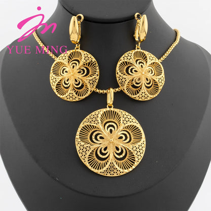 YM Jewelry 2024 Fashion Gold Plated Necklace Earrings Accessory Flower Pattern Lady Party Gift Dubai 18K Gold Plated Jewelry Set - YUEMING JEWELRY