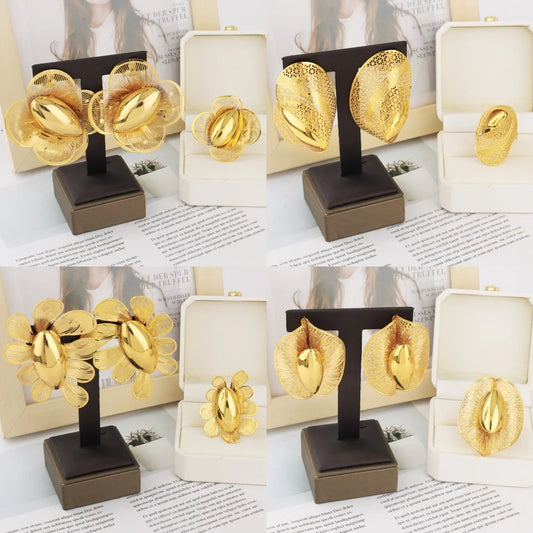 2025 New Trend Gold Color Ring and Earrings For Women Europe and America Exaggerated Hollow Out Jewelry Set For Party Wedding