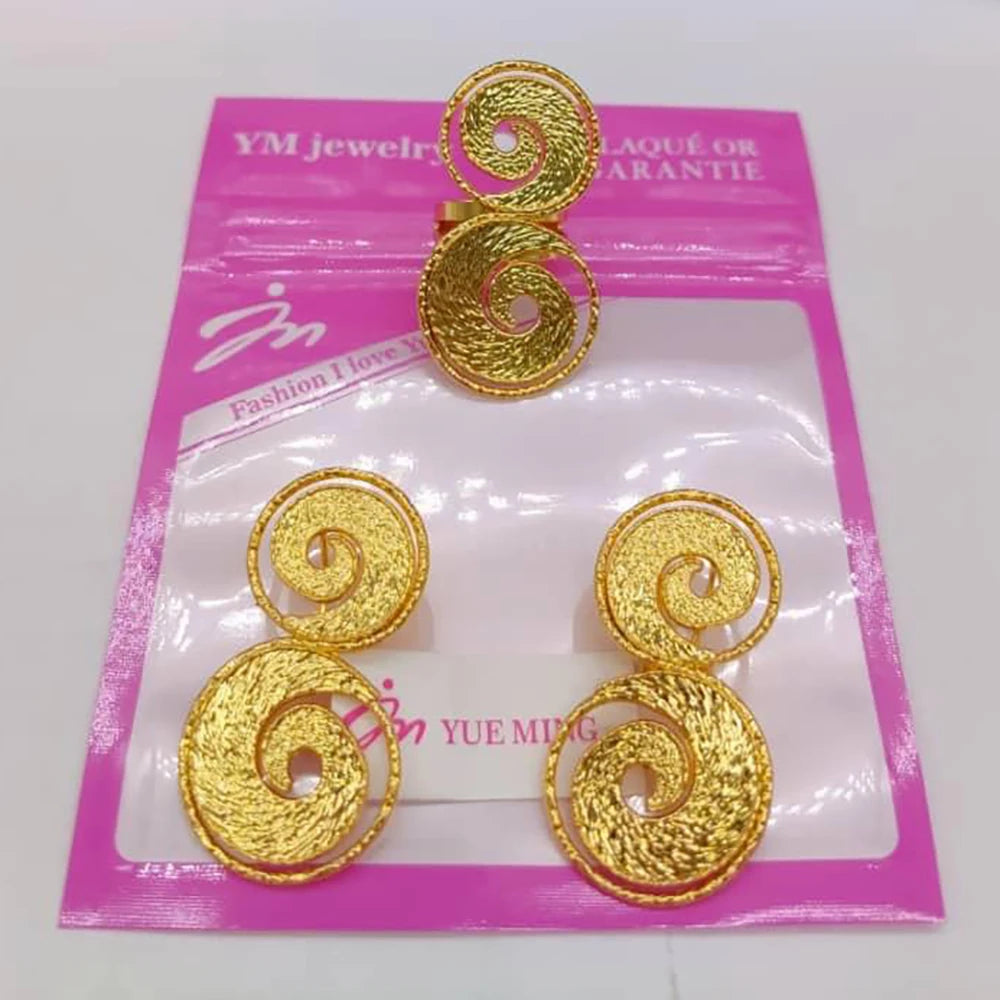 Luxury 2pcs jewelry set bohemia Gold Color earrings ring Set Dubai engagement jewelry set for Women Wedding earrings Rings Gift