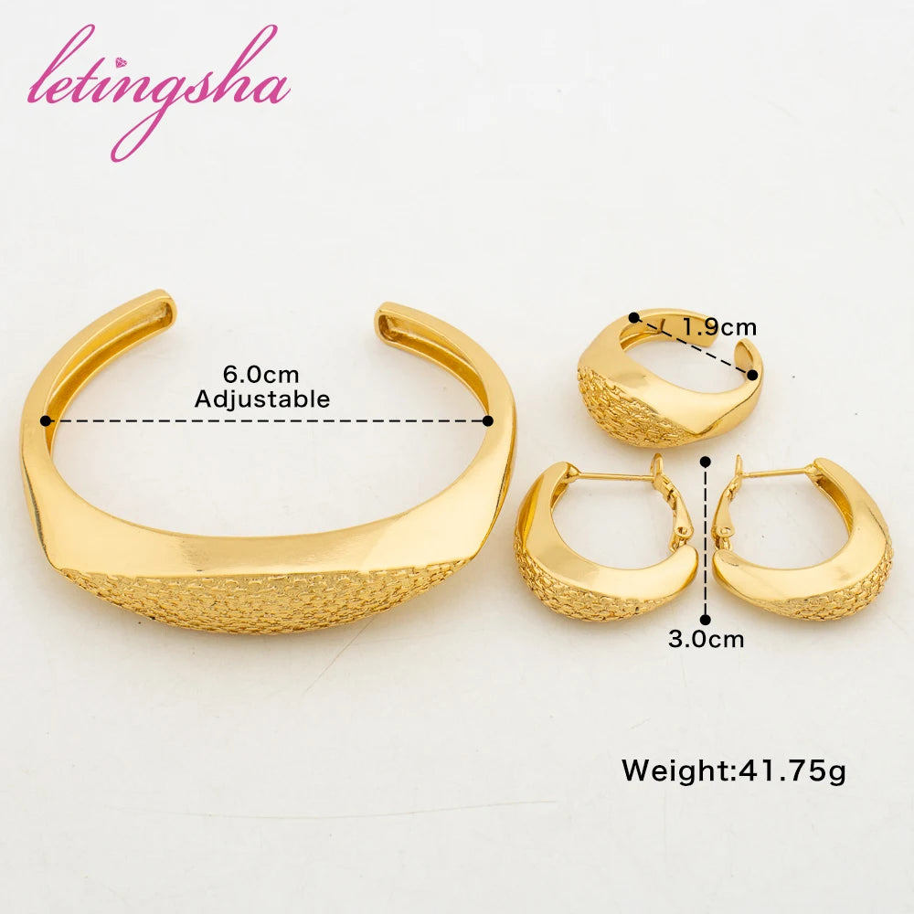 Fashion Cuff Bangle Newest Statement Hoop Earrings Luxury Ring Sets for Women Dubai Jewelry Set Trendy Gold Color Jewelry Gift