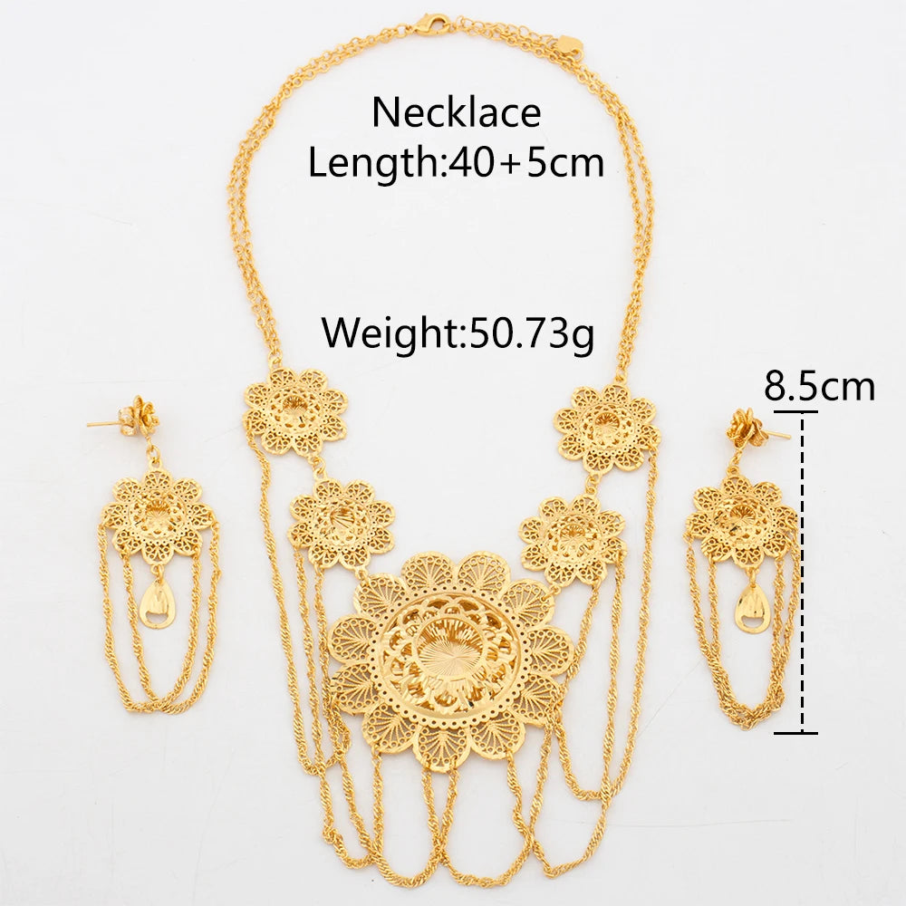 Dubai Copper Gold Color Jewelry Set for Women Luxury Tassel Necklace Earrings Sets African Bridal Wedding Party Accessories Gift