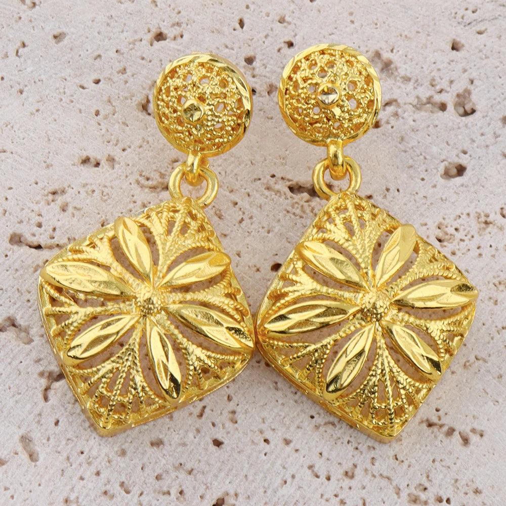 Italy French Gold Plated Rhombus Necklace Earrings Set for Women Bride Smooth Gold Color Charm Jewelry Gift for Party Wedding