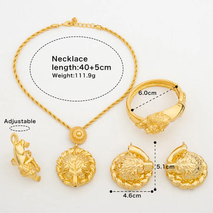 Lion Jewelry Sets for Women Gold Plated Animal Pendant High Quality Earrings Ladies Necklace Banquet Wedding Charm Bracelet Ring