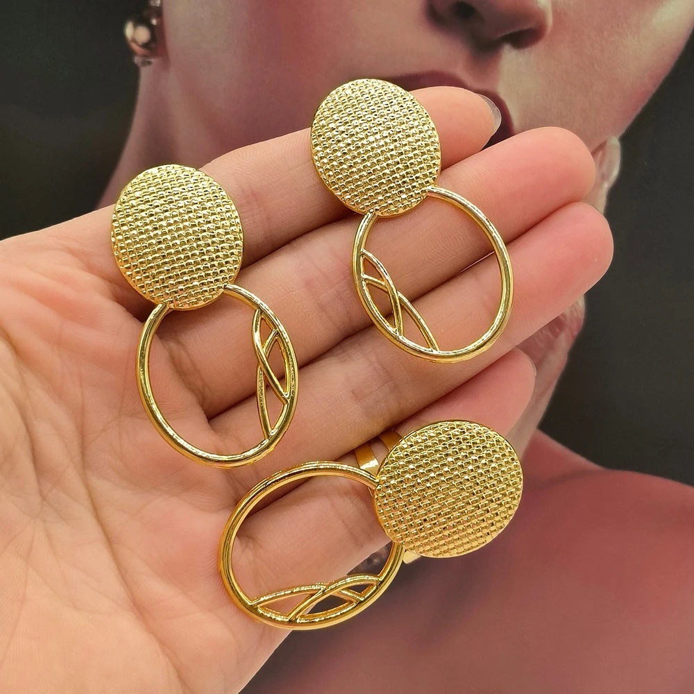 Dubai Gold Color Earrings and Ring Set for Party Weddings Bridal Clip Earrings Finger Ring Set for Nigerian Accessories Gifts
