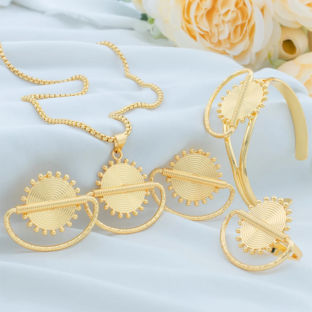 YM Gold Color Jewelry Sets For Women Geometry Necklace Earrings Cuff Bangles Rings Dubai Nigeria Wedding Jewelry Accessories - YUEMING JEWELRY