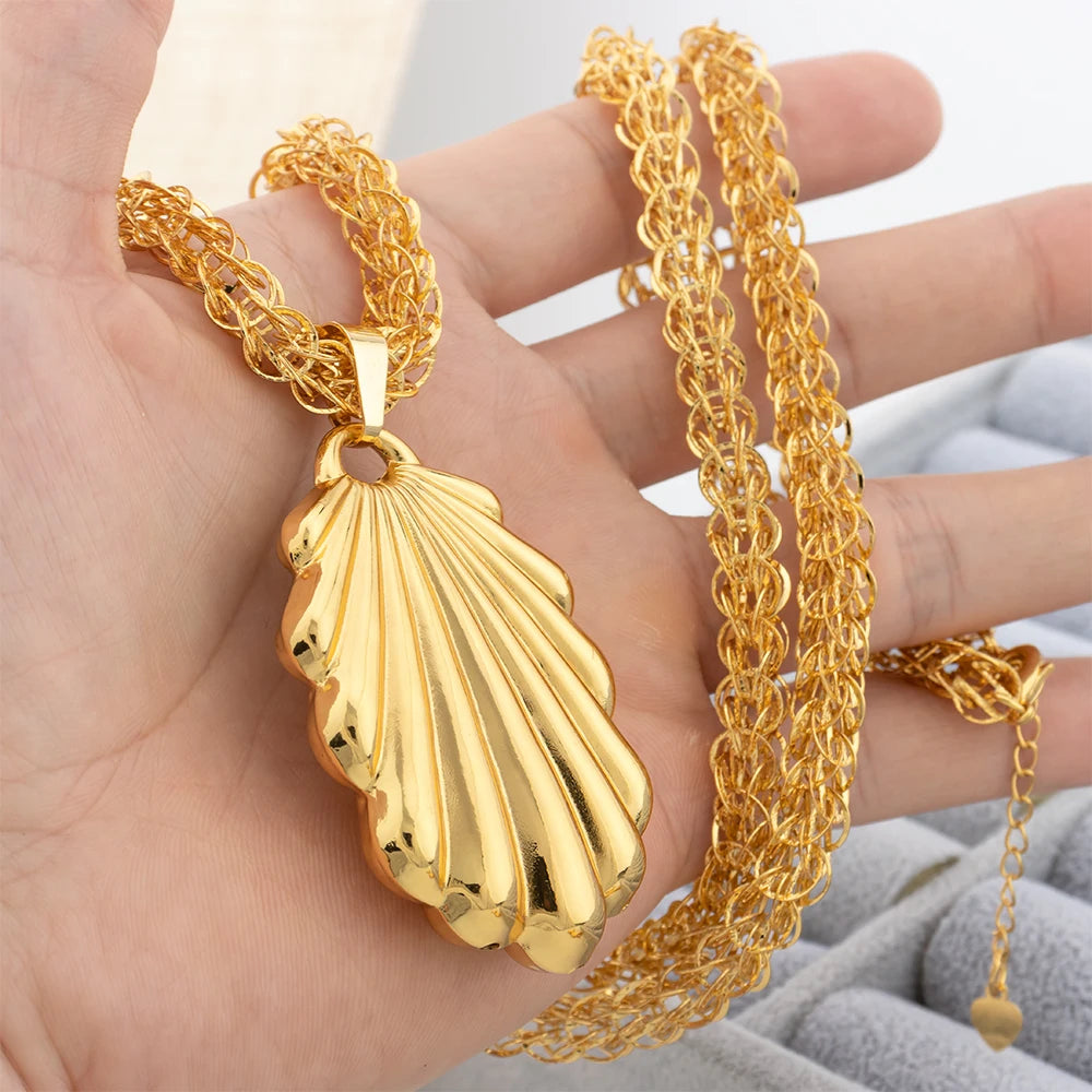 YM 2PCS Jewelry Sets for Women 80CM Copper Necklace Earrings Shell Pendant Gold Plated Luxury Nigeria Dubai Jewelry Accessories