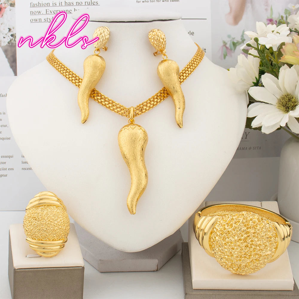 African Fashion Jewelry Set Ethiopian Dubai Luxury Design Necklace Gold Color Bangle Ring Trend Wedding Party Gift Earrings Jewe