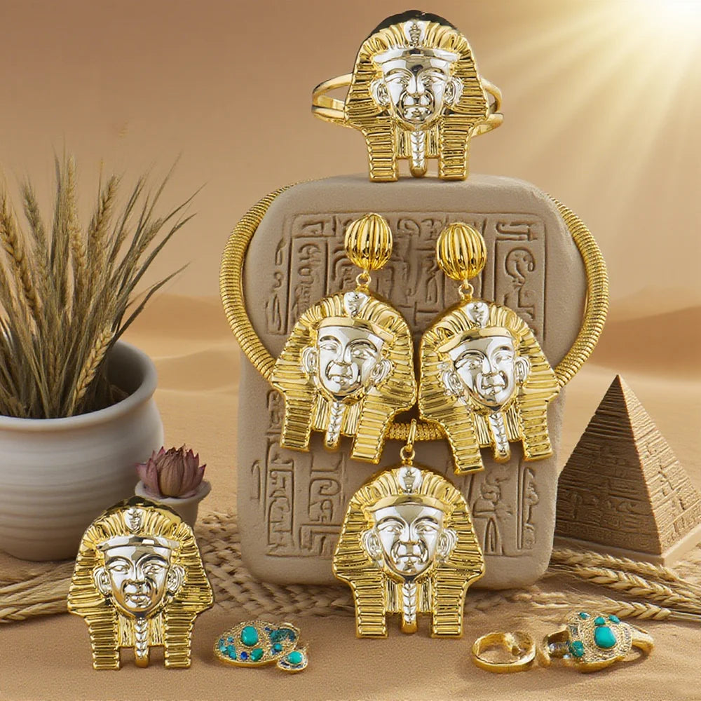 24K gold plated bracelet Ring Earrings Necklace set Dubai African Copper Alloy Hip Hop Fashion Jewelry Set Party Gift Daily Wear