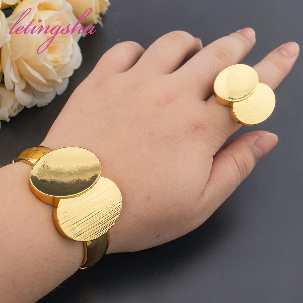 Round Design Large Cuff Bangle Ring Set Fashion Gold Color Jewelry Set for Women New Design Bracelet Weddings Bridal Jewelry