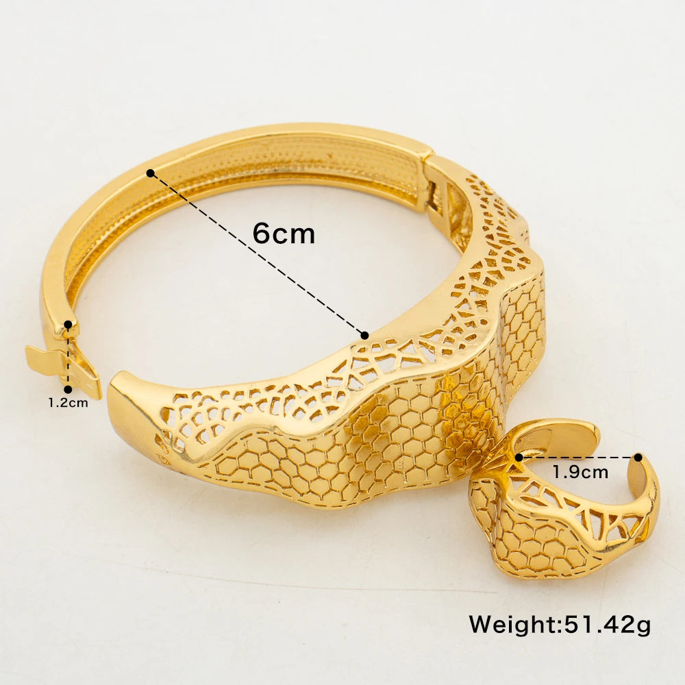 New Charm Bracelet with Ring Party Dubai Gold Color Bangles Open Ring Fahion 2pcs Jewelry Sets for Women Gifts Jewelry Accessory