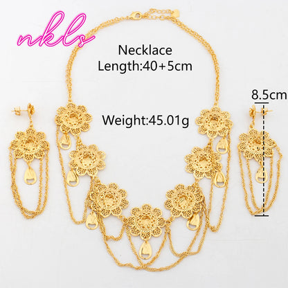 Dubai Fashion Women Jewelry Set Bohemian Luxury Gold Color Necklace Drop Earrings Set African Trend Jewelry Daily Wear Party