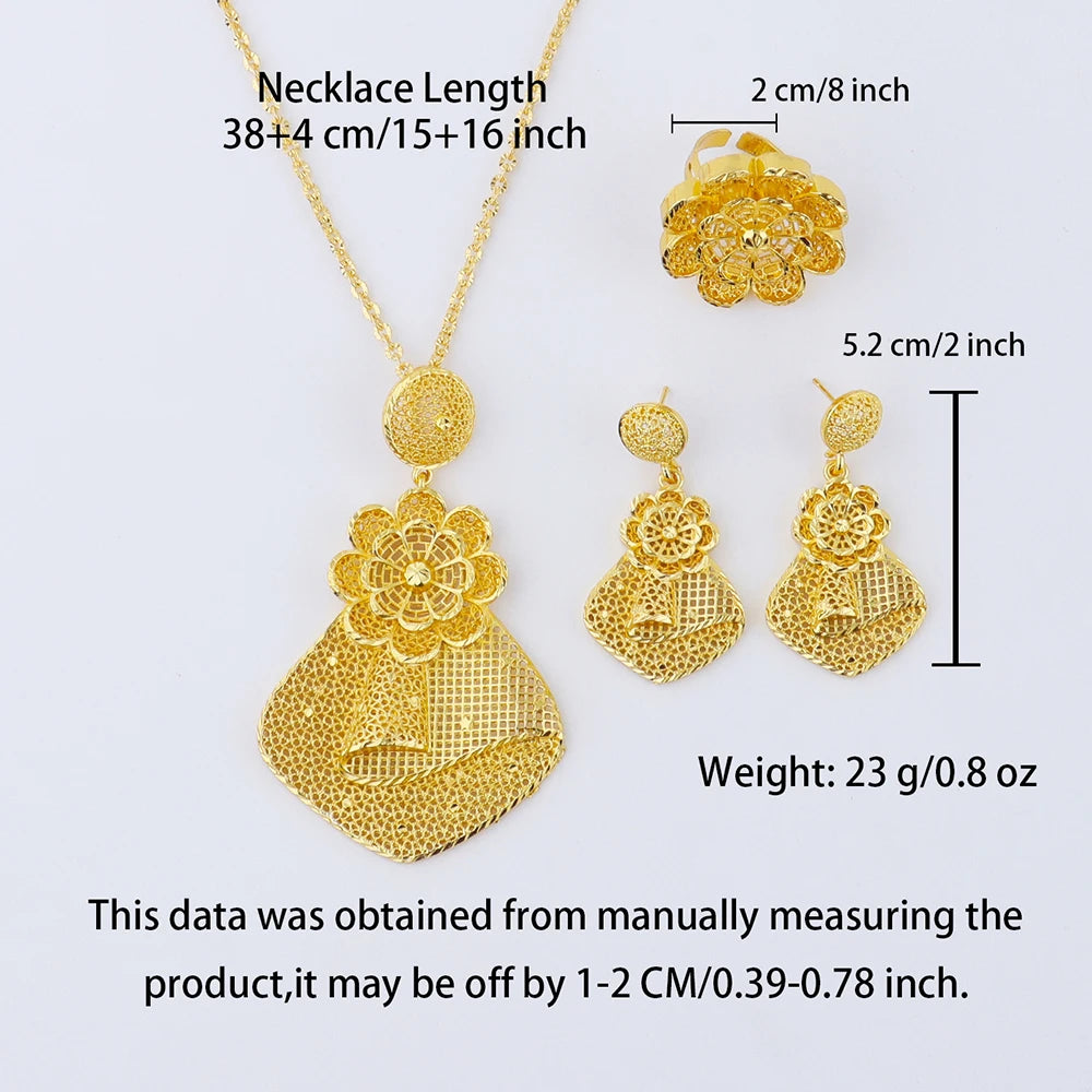 France Luxury 24k Gold Color Jewelry Set For Women Dubai Bridal Wedding Necklace Earrings And Rings Set African Party Gifts