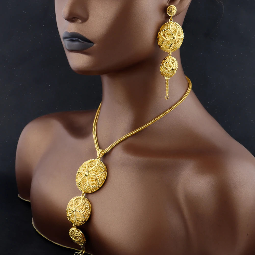 Indian Stainless Steel Jewelry Sets for Women Dubai Gold Plated Necklace Earrings For Set  Wedding Party Gift Bridal Accessory